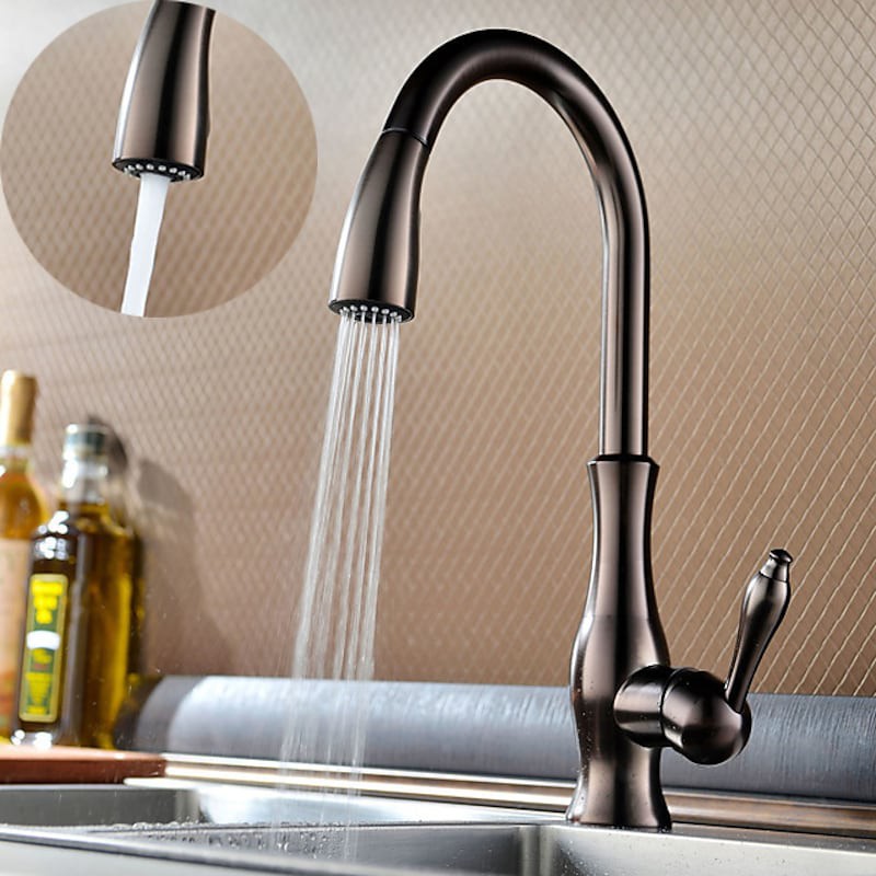 Oil Rubbed Bronze Single Handle Pull-Down Kitchen Faucet – High Arc, Brass Construction (US1008)